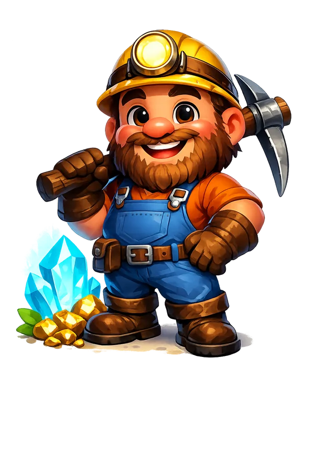 The Farmoria miner, pickaxe on his shoulder, beside a pile of gold and a blue crystal